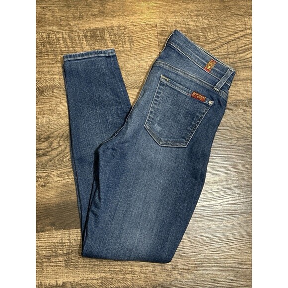 7 For All Mankind Jeans Women 25‎ The Ankle Skinny Distressed Blue Stretch Denim - Picture 1 of 10